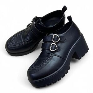 Koi Footwear Black Platform Oxford Shoes Chunky Silver Heart Buckles Size 6